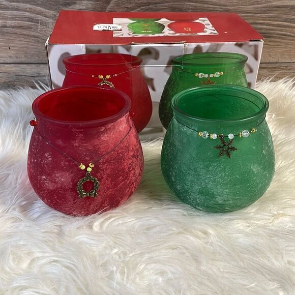 San Miguel Holiday Two Frosted Glass Pillar Candle Holders, Red and Green - Picture 2 of 6